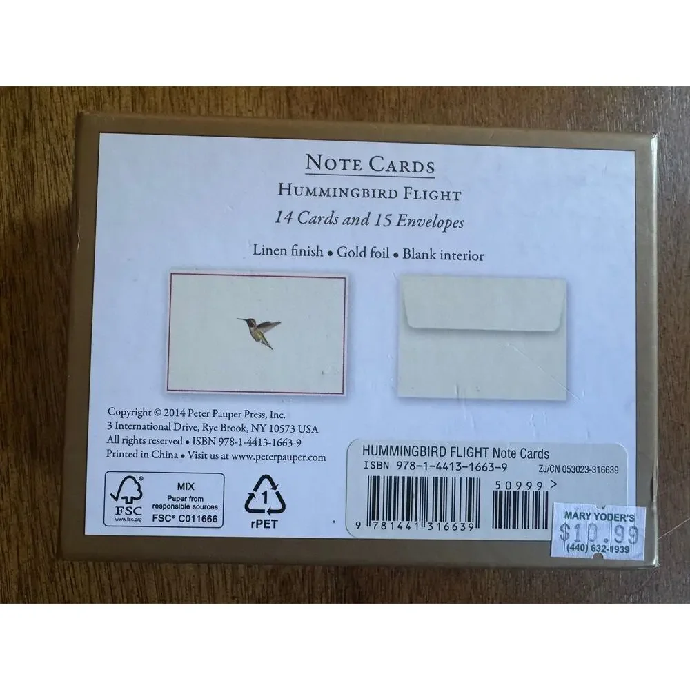 NWT Peter Pauper Hummingbird Flight Note Cards 14 Cards 15 Envelopes